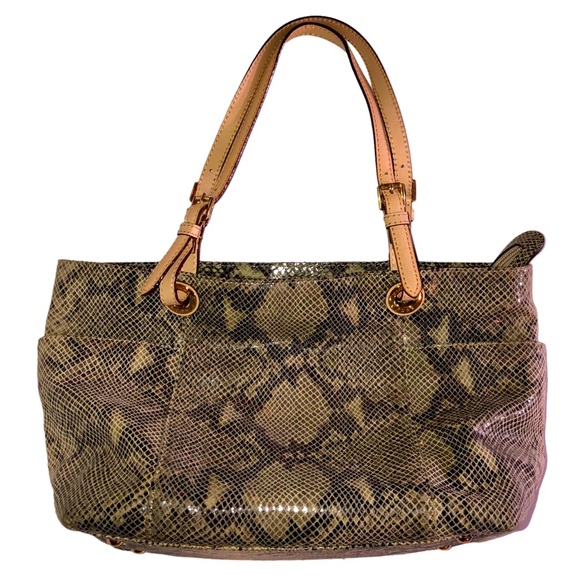 𝅺Michael Kors Leather Satchel Purse Tote Neutral Animal Snake Nude Grey Tan - Picture 1 of 13